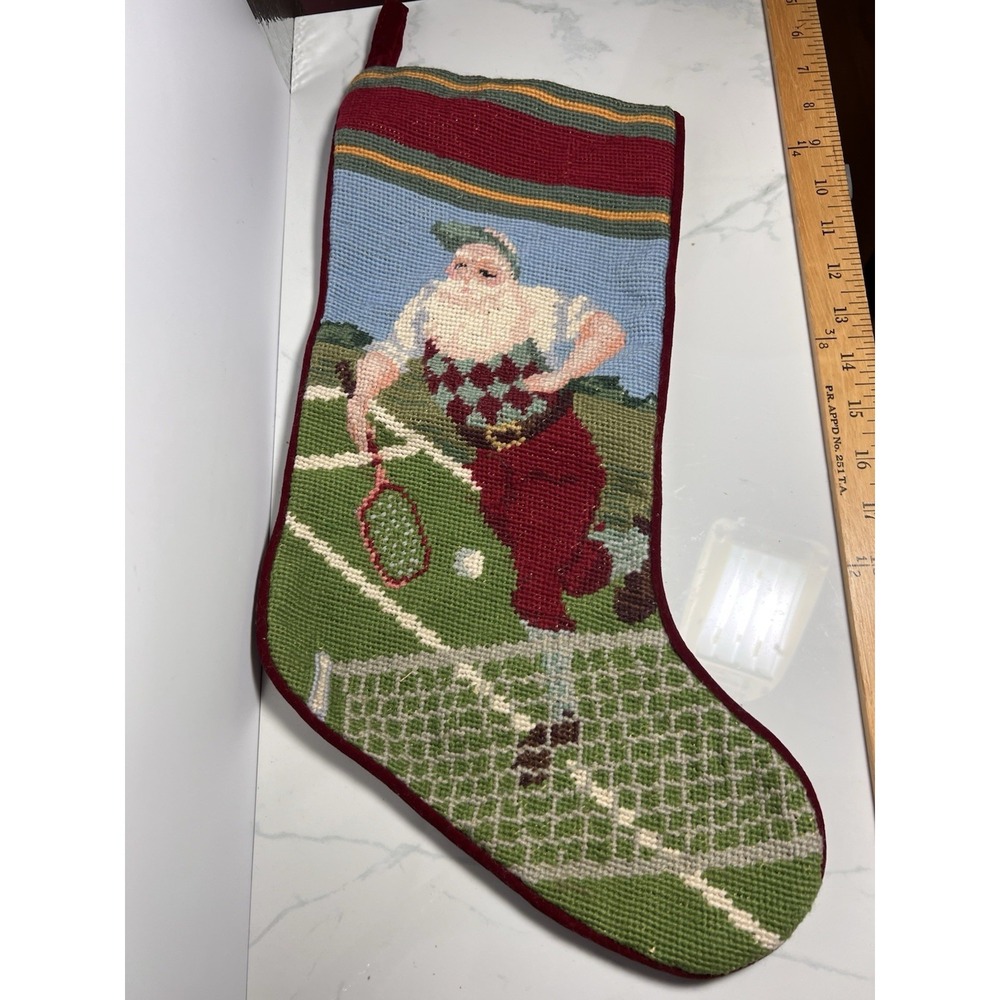 VTG Needlepoint Stocking Santa Clause Playing Tennis Christmas
